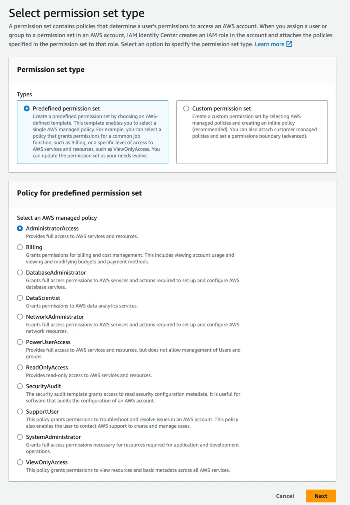 Select permissions set